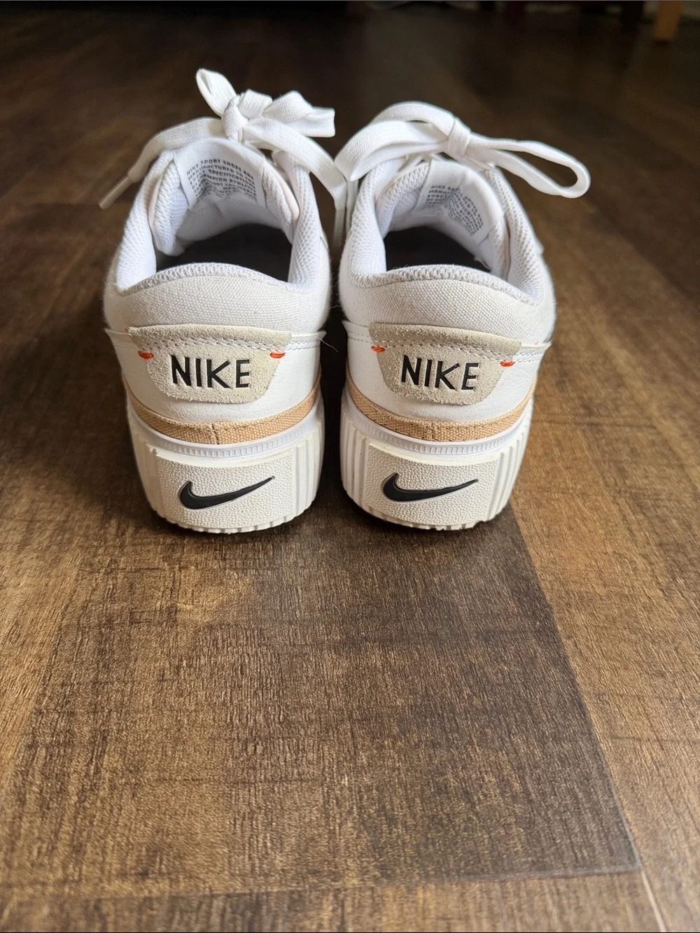 Nike Court Legacy Lift Sneakers in White with Black Swoosh and Tan Accent